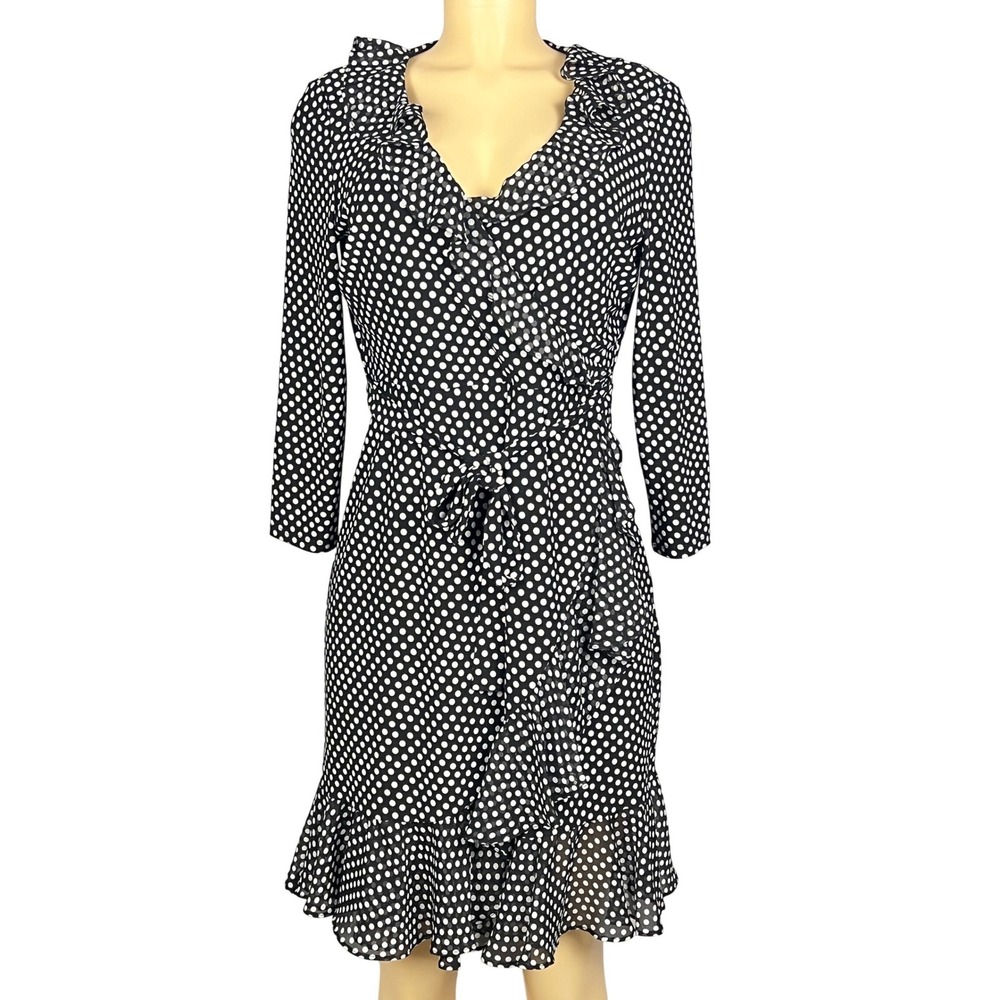 Tommy Hilfiger Polka Dot Dress 6 Ruffle Faux Wrap 3/4 Sleeve Black White Pinup